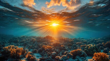 Fototapeta premium Sunlit coral reef, underwater scene, vibrant colors.