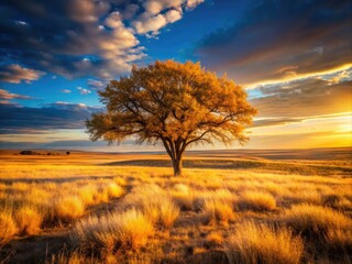 Fototapeta premium A lone tree stands defiant against a dramatic autumn sky, a solitary sentinel in the American countryside.