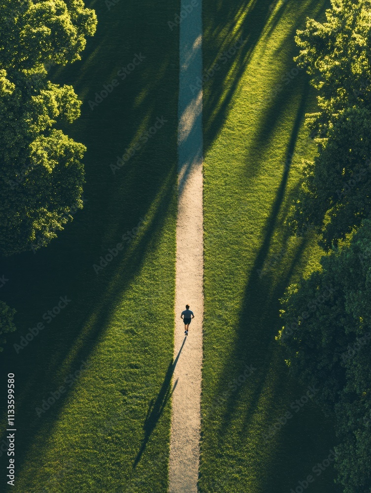 Poster a solitary runner makes their way along a winding path surrounded by lush greenery in a tranquil par