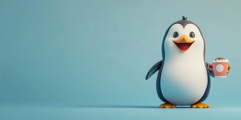 Obraz premium Animated Penguin Character in Light Blue Setting with Coffee, Wearing Sweater and Spread Wings