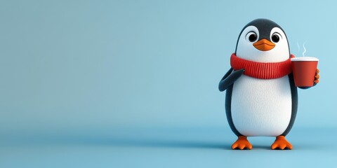 Obraz premium Anthropomorphic Penguin Character, Wearing Scarf, Holding Hot Beverage, Blue Background, Friendly and Inviting for Advertising