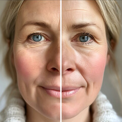 Make me a photo of a face illustrating the effect of an antiwrinkle cream before and after which promises an 18 reduction in wrinkles