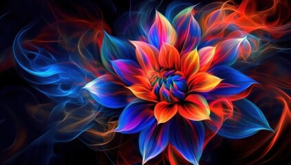 Flames of red and blue swirl around a blossoming flower. 