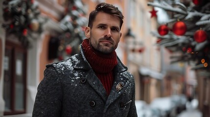 Handsome man in winter coat and red scarf, snowy street, Christmas decorations.
