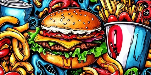 Vibrant colored background showcasing playful fast food illustrations.