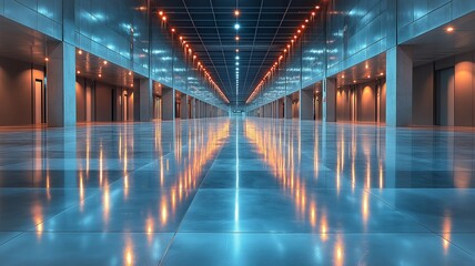 Illuminated Corridor With Reflective Floor Showcasing Modern Architecture in a High Tech Building. Generative AI