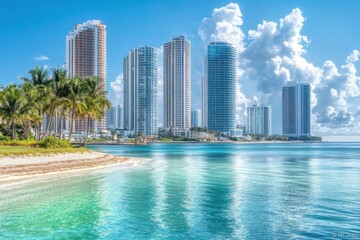 Fototapeta premium Iconic skyline of Miami against the beach.