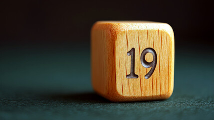 Wooden cube displaying the number "19" rests on a dark surface. Concept of counting, numbers, or randomness. For educational materials or games