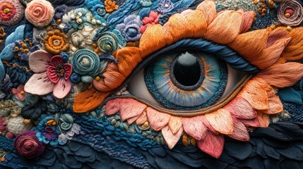Embroidered eye, floral details, vibrant colors.