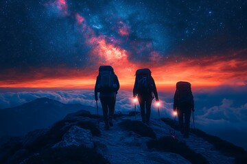 Three hikers silhouetted against a breathtaking starry sky,  walking along a mountain ridge,  with a sea of clouds below,  a dramatic and mystical landscape unfolding before them.