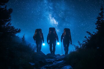 Silhouettes of three hikers walking through a forest at night, illuminated by their flashlights, under the starry sky with the milky way galaxy above them.