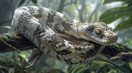 Naklejka premium A detailed close-up of a speckled viper coiled on a tree branch in a lush rainforest.