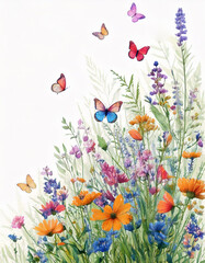 Fototapeta premium Watercolor style wildflowers, field of flowers with butterflies, long decorative border isolated on a clear background, vector illustration. 