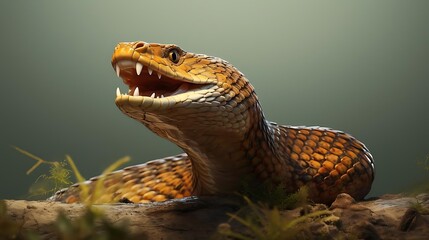 Naklejka premium Close-up of a venomous snake with open mouth, showing fangs, in a natural setting.