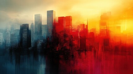 Abstract cityscape, contrasting cool and warm tones.