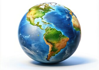 Fototapeta premium A pristine 3D-rendered Earth globe, isolated on white, symbolizes our global environment and sustainability efforts.