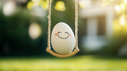 Happy Easter egg swinging on a swing. Easter celebration.
