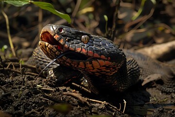 Naklejka premium Close-up of a black snake with red markings, its tongue extended, in a natural environment.