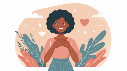 A woman with a happy expression with both hands on her chest