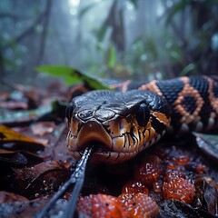 Fototapeta premium Close-up of a black and orange snake with forked tongue on forest floor.
