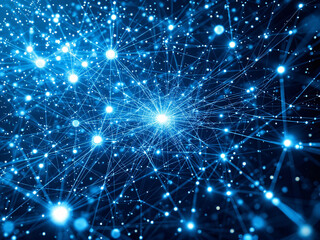 Naklejka premium Network, Connectivity, Digital, Technology, Nodes, Lines, Dots, Blue, Glowing, Web, Internet, Data, Information, Communication, Links, Grid, Matrix, Cyberspace, Virtual, Online, Interconnected, Wires,
