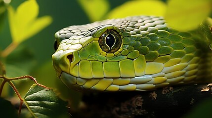 Fototapeta premium Close-up of a vibrant green snake's head, scales detailed, nestled among lush green leaves.