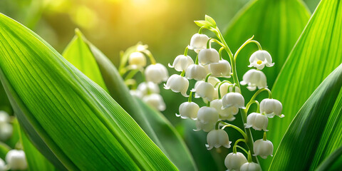 Obraz premium Close-up of delicate white lily of the valley flowers with lush green leaves, bathed in warm sunlight. A serene and natural concept of springtime, purity, and floral elegance.