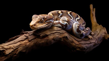 Naklejka premium A brown and tan python rests on a dark brown branch against a black background.