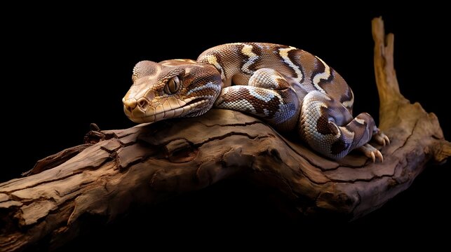 A brown and tan python rests on a dark brown branch against a black background.