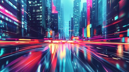 Obraz premium Vibrant Cityscape at Night with Motion Blur Effect Showcasing Neon Lights and Busy Streets in a Futuristic Urban Environment