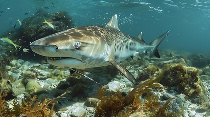 Fototapeta premium Majestic Tiger Shark Swimming Gracefully Along a Rugged Rocky Underwater Terrain in the Deep Blue Ocean, Showcasing Its Striking Stripes and Powerful Presence in Its Natural Habitat