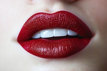 Fototapeta premium Closeup of lips with deep red lipstick. Woman lips open slightly. Perfect red lipstick texture shown. Stunning beauty detail. Red lipstick isolated on white background. Glamourous makeup detail.