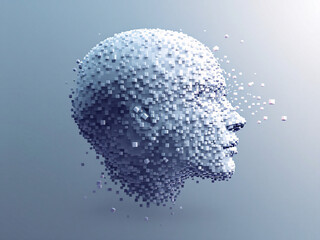 Artificial Intelligence, Technology, Digital, Innovation, Futuristic, Robotics, Cybernetic, Pixels, 3D Modeling, Head, Face, Humanoid, Machine Learning, Data Processing, Algorithms, Virtual Reality, A