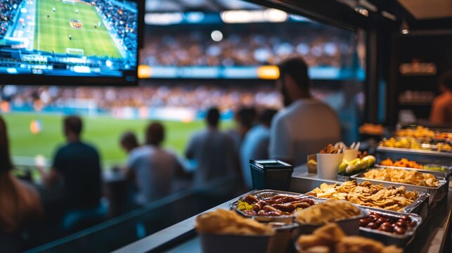 A vibrant concession stand displays various snacks in a lively stadium, with fans eagerly enjoying the game in the background and a bright menu board