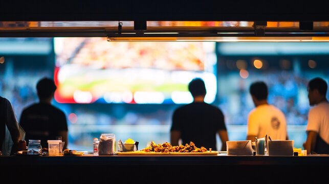 A vibrant concession stand displays various snacks in a lively stadium, with fans eagerly enjoying the game in the background and a bright menu board