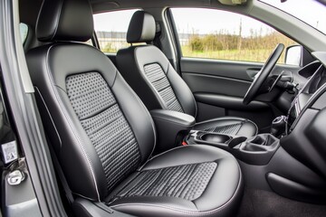 Close-up view of empty leather interior in car, ideal for dry cleaning and car seat repair