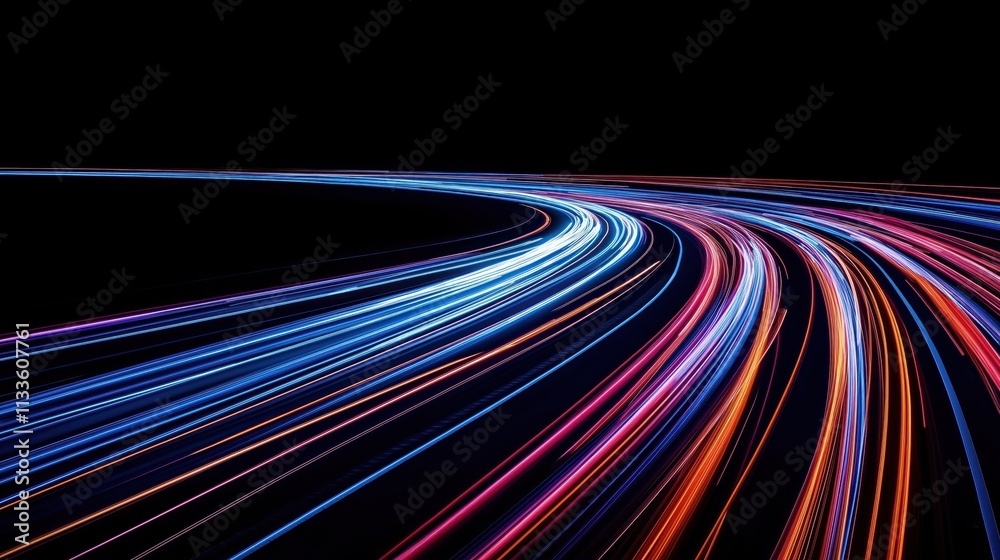 Poster abstract image shows vibrant light trails in motion. dynamic lines create tech concept. colorful str