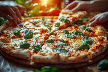 Delicious Fresh Pizza with Tomatoes and Mushrooms on Rustic Wooden Table