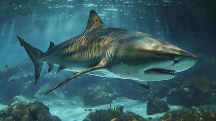 Fototapeta premium A fierce tiger shark with distinctive stripes hunting in the deep ocean, showcasing its stealth and power as it navigates the underwater world, a true apex predator of the sea
