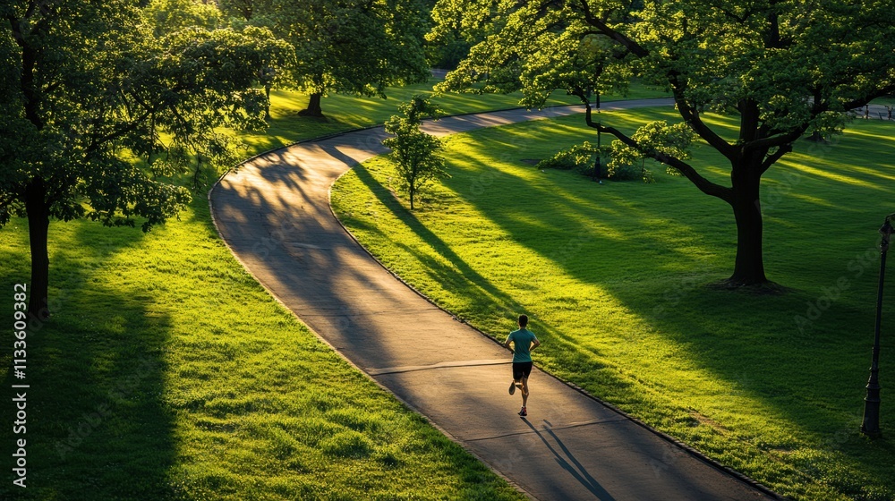 Aufkleber a solitary runner follows a meandering path in a vibrant park, surrounded by greenery and illuminate