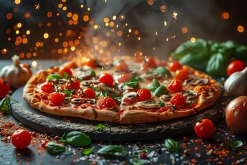 Delicious Fresh Pizza with Tomatoes and Mushrooms on Rustic Wooden Table