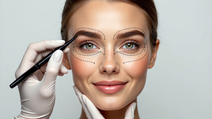 Close-Up of a Woman's Face with Surgeon Marking Contours for Rhinoplasty on a White Background