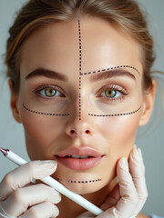 Close-Up of a Woman's Face with Surgeon Marking Contours for Rhinoplasty on a White Background