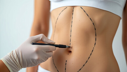 Close-up of a woman’s abdomen during pre-surgery marking for rhinoplasty, on a white background