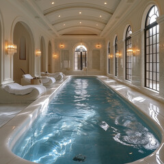 A large pool with a white tiled floor and white lounge chairs