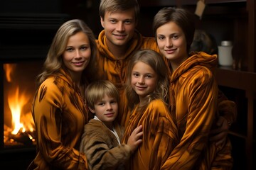 Fototapeta premium Happy family of five posing together by a fireplace.