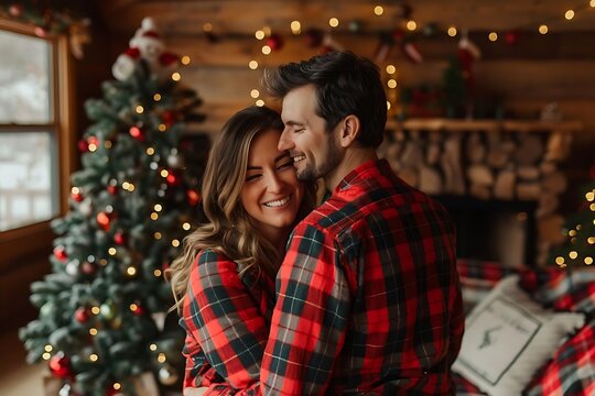 Couple embracing in cozy Christmas cabin.