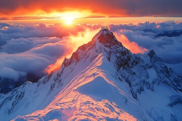 Naklejka premium Climbers gather on a snowy mountain peak, illuminated by a glorious sunset.