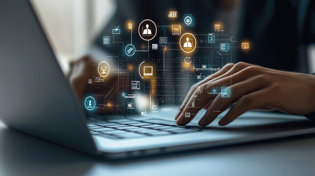 Person uses laptop for digital recruitment. HR tech tools show on screen. Process of finding right employee candidate. Online headhunting for team building. Modern recruitment methods. EIDE employee