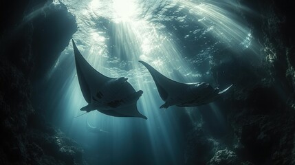Two manta rays swim, sunbeams illuminate, underwater cave.